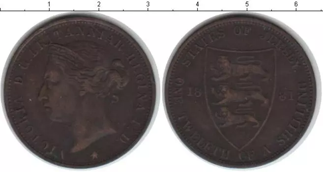 Монета 1/12 шиллинга Острова Джерси 1881 года Медь Виктория