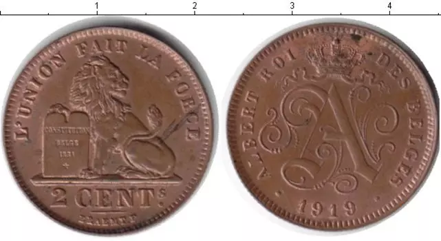 Монета 2 сантима Бельгии 1919 года Медь Альберт I