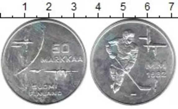 Монета 50 марок Финляндии 1982 года Серебро ЧМ по хоккею