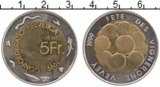 Монета 5 франков Швейцарии 1999 года Биметалл Винный фестиваль