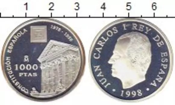 Монета 1000 песет Испании 1998 года Серебро 20 лет Конституции