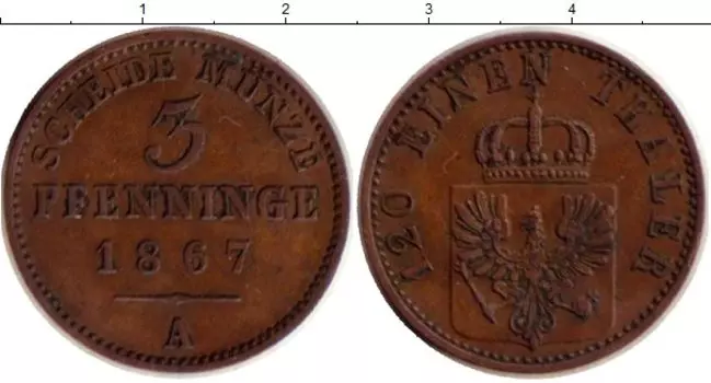 Монета 3 пфеннига Пруссии 1867 года Медь