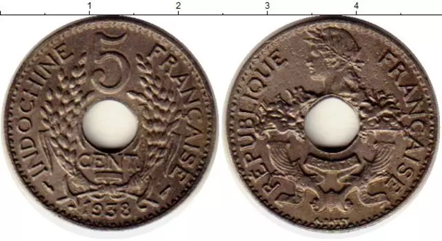 Монета 5 центов Индокитая 1938 года Медно-никель