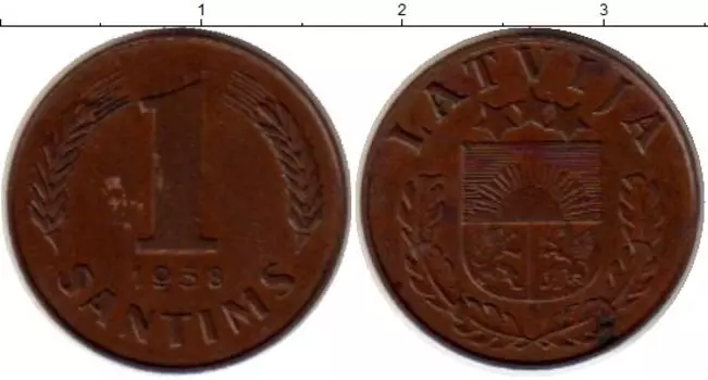 Монета сантим Латвии 1938 года Бронза