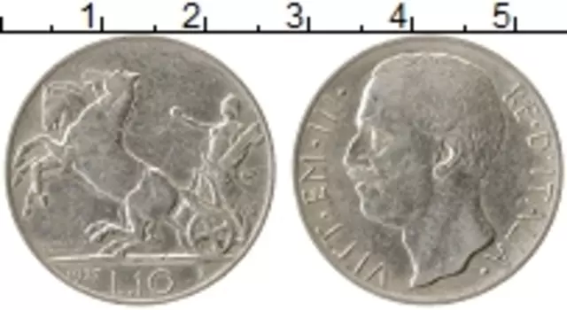 Монета 10 лир Италии 1927 года Серебро Колесница, Виктор Эммануил III