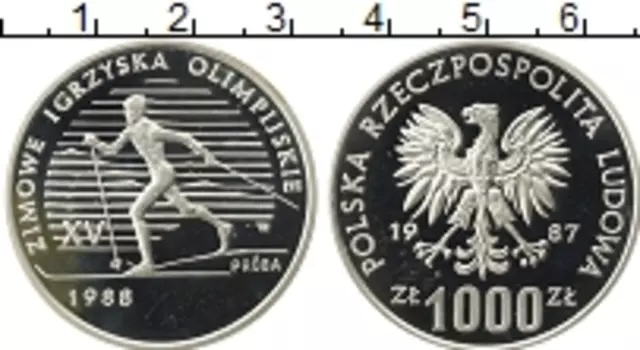 Монета 1000 злотых Польши 1987 года Серебро XV зимние Олимпийские игры 1988 г