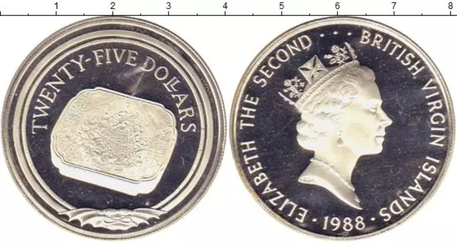 Монета 25 долларов Виргинских островов 1988 года Серебро Елизавета II