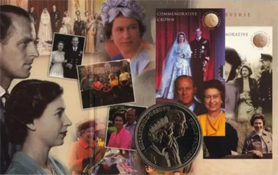 Набор монет 5 фунтов Англии 1997 года Медно-никель `Подарочная монета посвящена золотому юбилею бракосочетания Елизаветы II и Филиппа