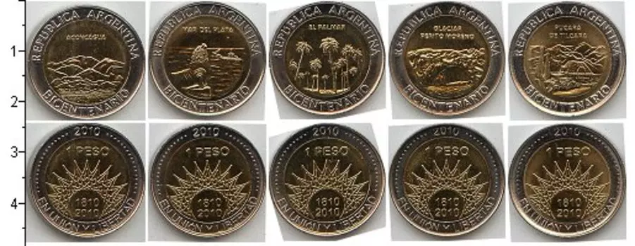 Набор монет Аргентина 2010 Аргентины 2010 года Биметалл В наборе 5 биметаллических монет номиналоп по 1 песо