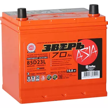 Автомобильный аккумулятор Зверь Asia 70 Ач обратная полярность D23L