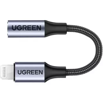 Адаптер UGREEN Lightning - AUX Jack 3.5 мм (f), в оплетке, цвет серо-черный, 10 см (30756)