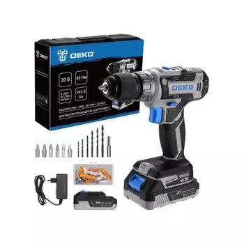 Аккумуляторная дрель-шуруповерт DEKO DKCD20V ONE + в кейсе + набор 63 инструмента для дома, 20В, 2x2.0Ач