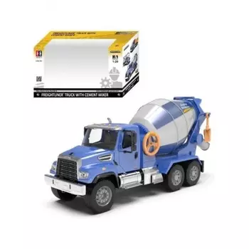 Бетономешалка FREIGHTLINER 1:20 синяя с лопаткой в коробке вращение миксера;открывание дверей,капота;поворотный слив