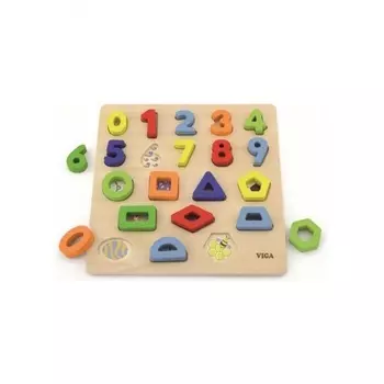 Блочный пазл (цифры и геометрические фигуры)в коробке 10 цифр,10 геометрических фигур VIGA 50119