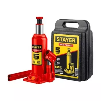 Домкрат бутылочный гидравлический STAYER RED FORCE, 5т, 216-413 мм в кейсе (43160-5-K)