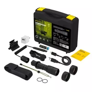 Фонарь светодиодный тактический Armytek Dobermann Extended Set (Набор), холодный свет, аккумулятор