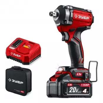 Гайковерт ударный ЗУБР 20 В, 350 Н·м, 1 АКБ LMS (4 А·ч), бесщеточный, сумка (ГБУ-350-41)