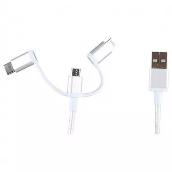 Кабель UGREEN US186 (50203) 3-in-1 USB2.0-A Multifuntion Cable with Braid в оплетке. 1,5 м. серебристый