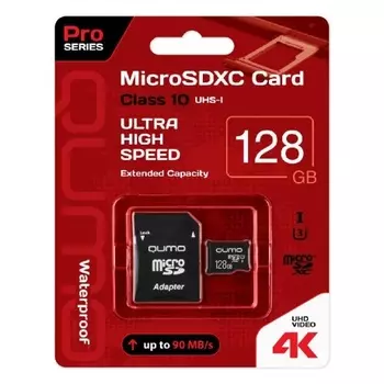 Карта памяти Qumo microSDXC class 10 UHS Class 3 128GB + SD adapter (QM128GMICSDXC10U3)