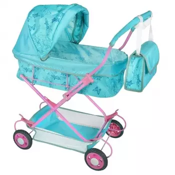 Коляска кукольная Ясюкевич №7 "Бабочки бирюзовые" (металл.) 80*32*66см с сумочкой