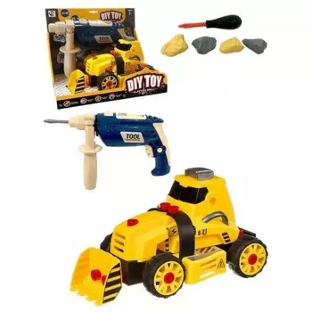 Конструктор "Бульдозер" в коробке шуруповерт на батарейках,насадка,отвертка,камни(имитация)
