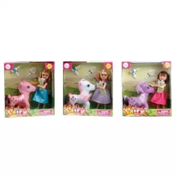 Кукла (14см) с лошадкой и аксессуарами (фен,расческа),3 вида в коробке; цвет пони:фиолетовый/розовый/белый