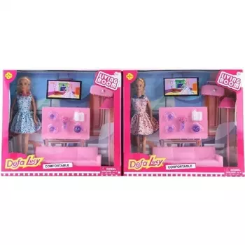 Кукла 29 см с набором мебели для гостиной,2 вида,в коробке диван,торшер,стол,плеер,телефон,ваза,чайник,чашки с блюдцами