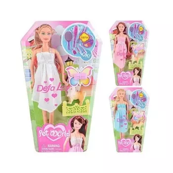 Кукла 29 см с питомцем и аксессуарами, 3 вида, в блистере косметика,расческа,зеркало,клатч;платье розовое/белое/голуб.