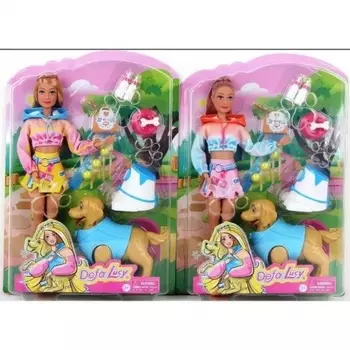 Кукла 29 см с питомцем собакой и аксессуарами (8 предметов) миска,кость,бутылочка(2),поводок,мяч(3) с пушкой;шарнирная