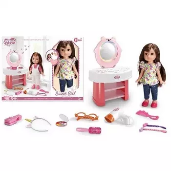 Кукла(29см) с аксессуарами и столом на батарейках(свет,звук) в коробке:фен,ободок,плойка,расческа,заколки,очки,тени