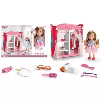 Кукла(30см) в брюках со шкафом и аксессуарами:фен,расчески,п лойка,тени,очки,заколки,ободок,платье,туника,брюки,в коробке