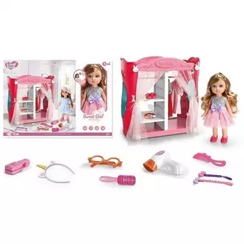 Кукла(30см) в платье со шкафом и аксессуарами:фен,плойка,тен и,расчески,ободок,очки,заколки,платье,туника,брюки,в коробке