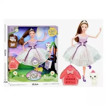 Кукла (31см) с домашним животным кошкой и домиком в коробке шарнирная,с диадемой,сиреневое платье Dream Fairy