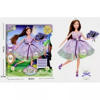 Кукла (31см) с домашним животным мишкой и букетом в коробке шарнирная,с диадемой,сиреневое платье Dream Fairy