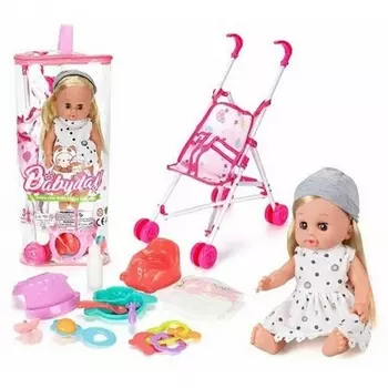 Кукла 32см (12 звуков) в белом платье в сумке с аксессуарами :коляска,горшок,подгузник,погремушки,соска,тарелка,приборы