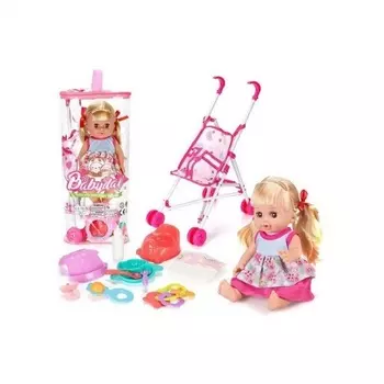 Кукла 32см (12 звуков) в голубом платье с аксессуарами:соска ,горшок,погремушки,коляска,тарелка,приборы,нагрудник,подгузн