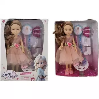 Кукла (32см) FASHION с аксессуарами(14 предметов) в коробке сапоги,сумка,заколки(5),резинки(7);персиковое платье с розой