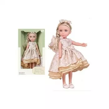 Кукла (33см) блондинка в золотистом платье с бантами в короб ке