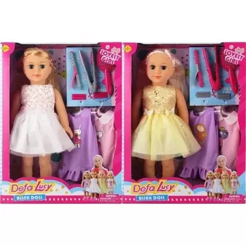 Кукла 44 см с набором одежды и аксессуарами:2 платья,плойка, расческа,утюжок для волос 2 вида в ассортименте белое/желтое