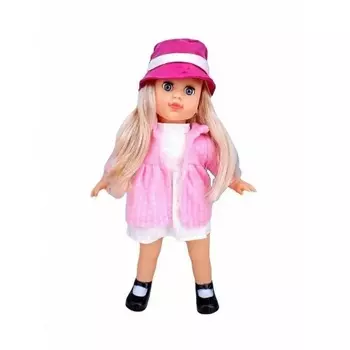 Кукла в розовой шляпке на батарейках (4 звука) в коробке туфли нарисованы;мягконабивное туловище;мама,папа,смех,плач