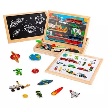 MAPACHA. 76841 Бизи-чемоданчик "Транспорт" (доска для рисования, меловая доска, фигурки на магнитах)