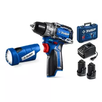 Набор: дрель-шуруповерт + LED фонарь ЗУБР КОМПАКТ #4, BRUSHLESS, 12 В, 45 Н·м, 2 АКБ тип Т7 (2 А·ч), кейс, Профессионал (DB-121-22F)