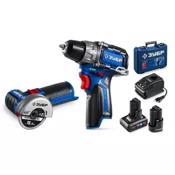 Набор: дрель-шуруповерт + мини УШМ ЗУБР КОМПАКТ #5, BRUSHLESS, 12 В, 45 Н·м, 2 АКБ тип Т7 (4 и 2 А·ч), кейс, Профессионал (DB-121-42AB)
