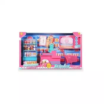 Набор "Магазин" с куклой (29см) 18 предметов в коробке касса с лентой,тележка,прилавок,продукты(12),деньги,список