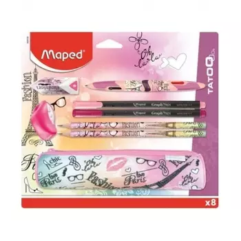 Набор Maped из 8 предметов "Tatoo" пенал,ластик,точилка,ручка 4 цв., 2 черногр. каранд арт.899708