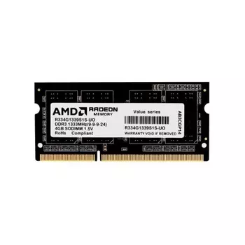 Память оперативная AMD 4GB DDR3 1333 SO DIMM R3 Value Series Black (R334G1339S1S-UO)