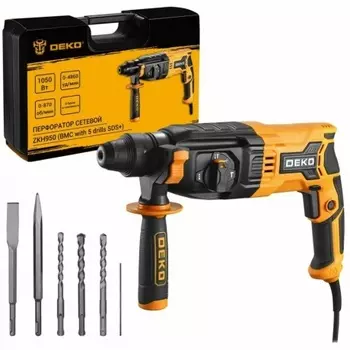 Перфоратор сетевой DEKO ZKH950 в кейсе с набором из 5 буров SDS+, 1050 Вт