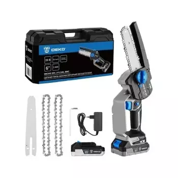 Пила цепная аккумуляторная бесщеточная DEKO DKCHS 20V, 6", 20В, 2x2.2Ач, 2 шины и 3 цепи в кейсе