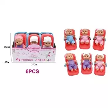 Пупс(17см) в комбинезоне и шапочке с аксессуарами(переноска) розовый/голубой/фиолетовый с рисунком