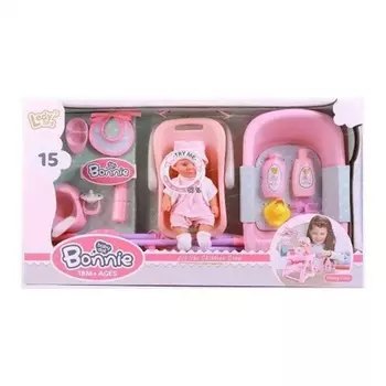 Пупс(20см) на бат.(звук) с аксессуарами(15 предм.) в коробке переноска,коляска,стульчик,ванночка,горшок,тарелка,косметика